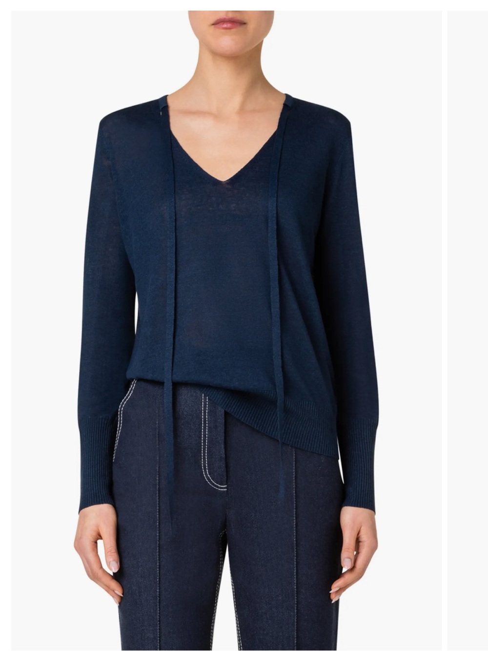 Akris punto linen blend Navy V-Neck Tie-Front Sweater